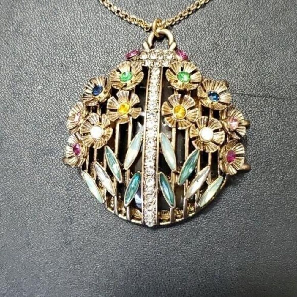 Betsey Johnson gold tone bug pendant necklace 33-36.5" floral colorful